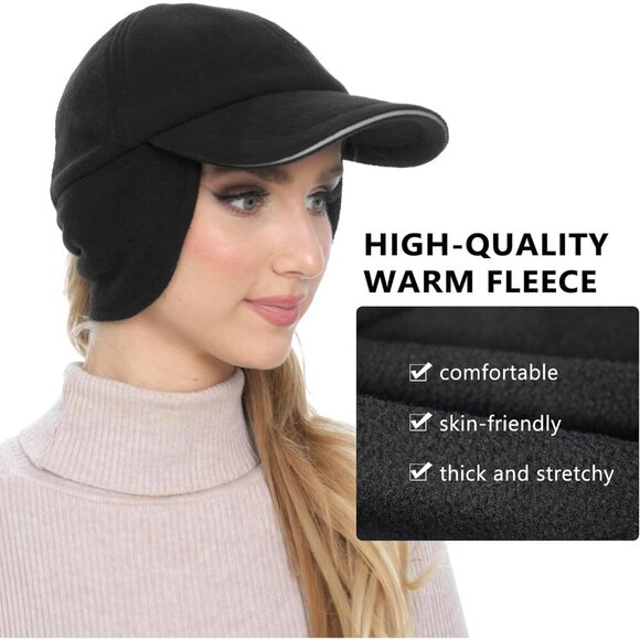 〽️Women’s Black Fleece Winter Hat Reflective Ponytail Ear Flap